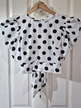 White Polka Dot Puff-Sleeve Cropped Tie Back Blouse Medium